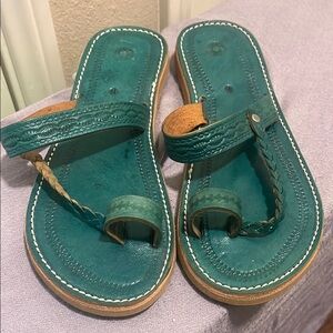 Green Sandals with Leather Thong Strap and White Stitching